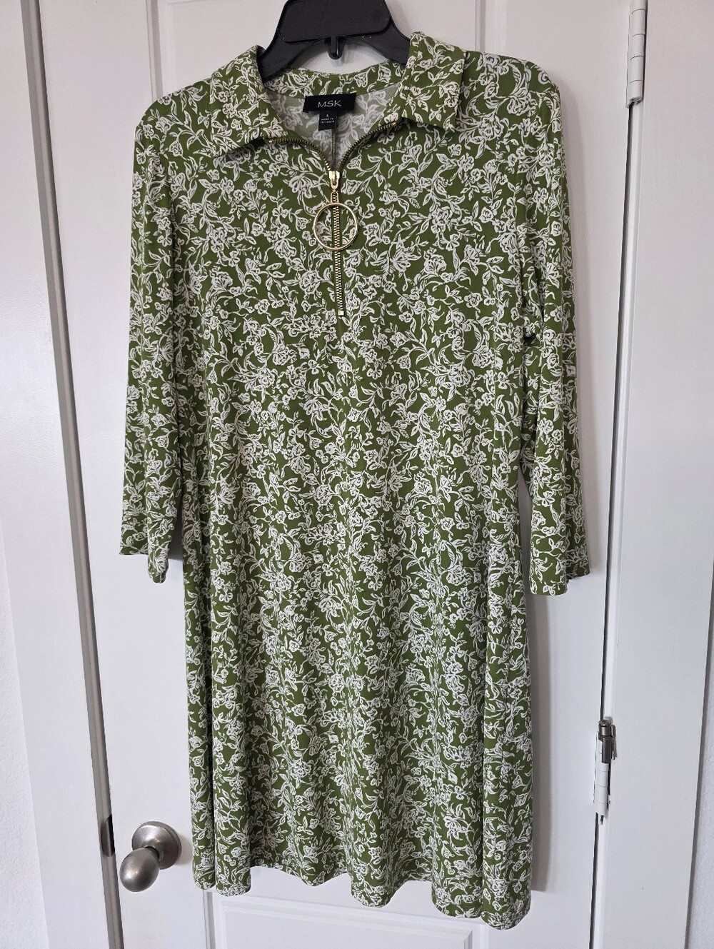 MSK Green White Floral Zip Front Collared Swing Dress Large Career Casual - Picture 2 of 8